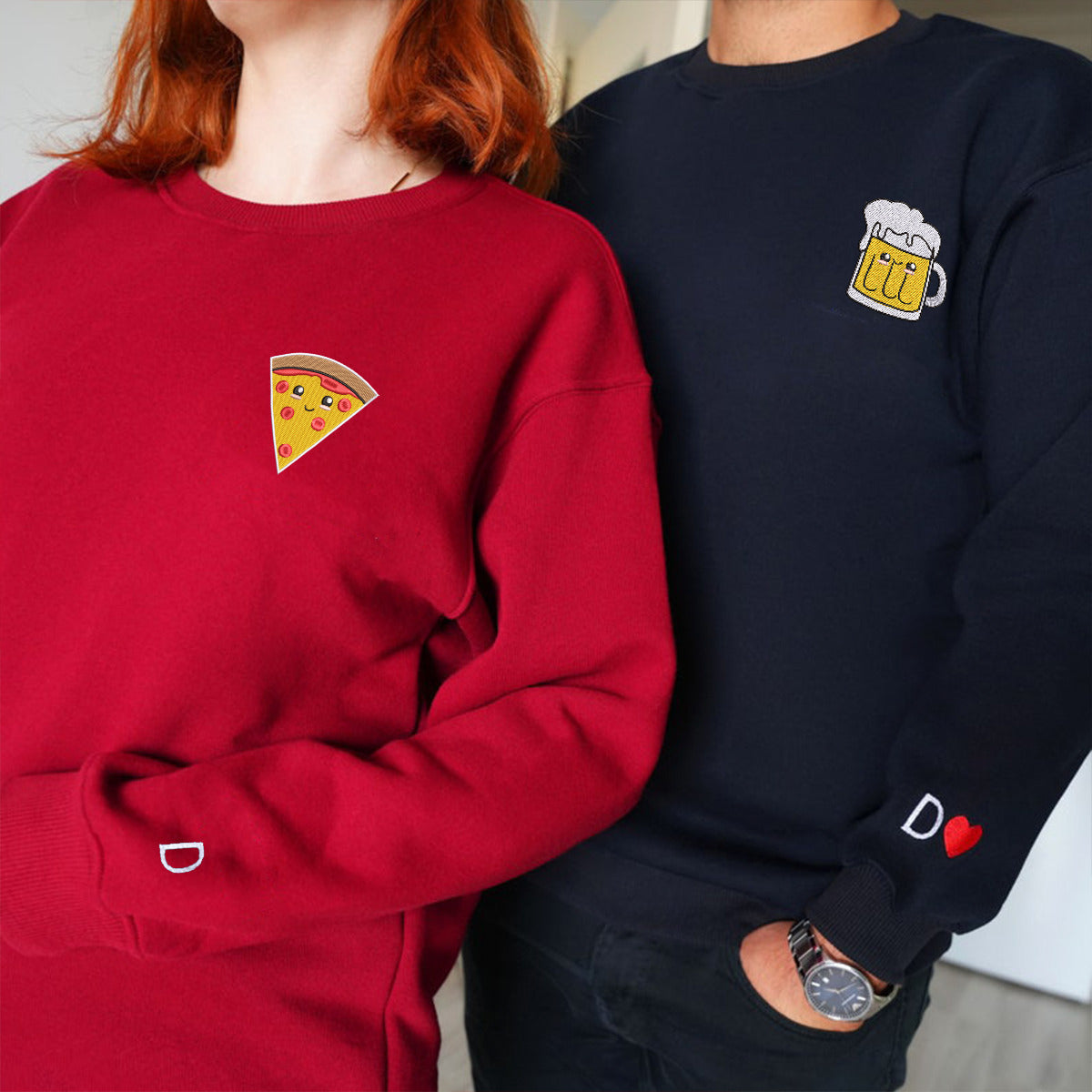 Custom Pizza And Beer Embroidered Matching Hoodies