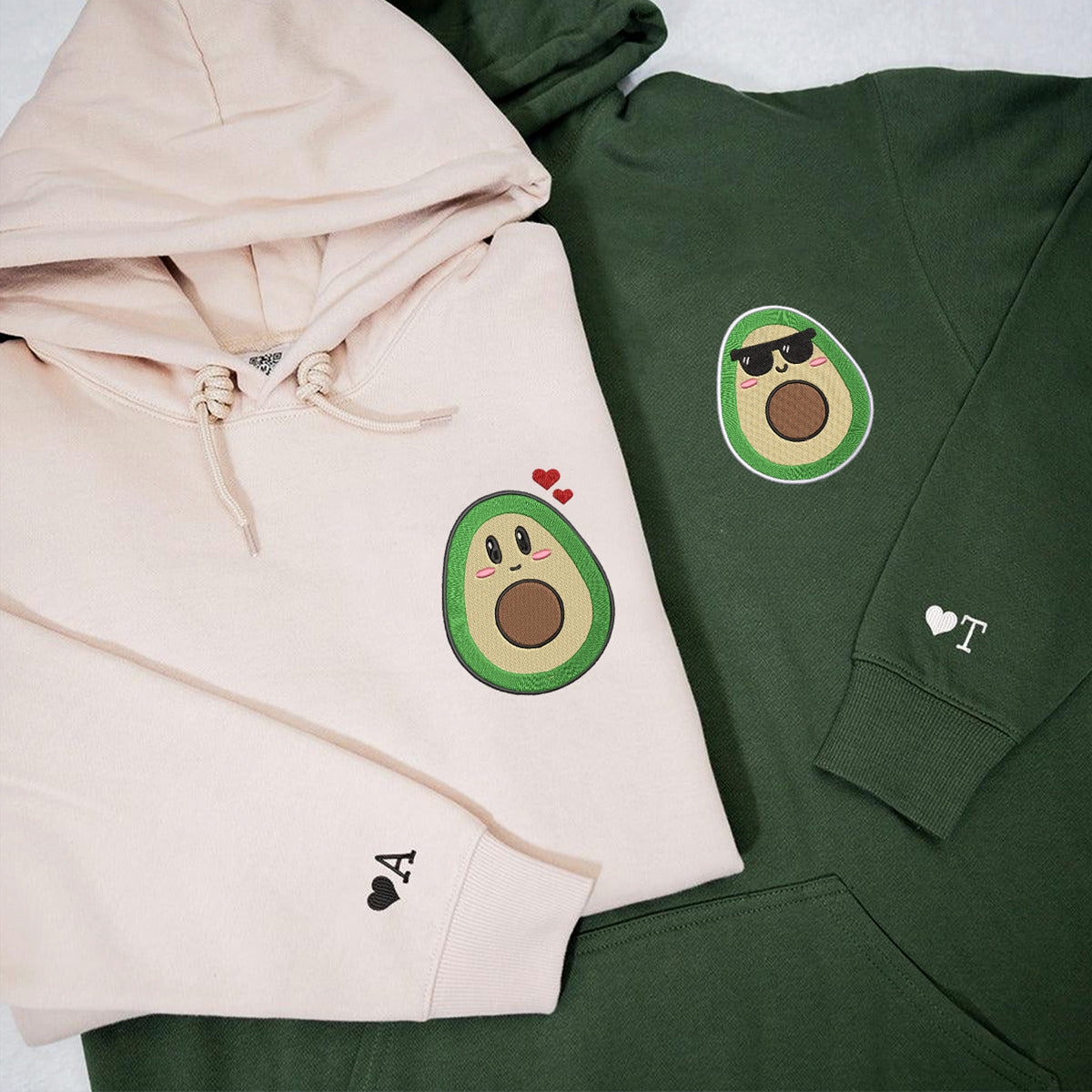 Custom Couple Matching Cute Avocado Embroidered Hoodies