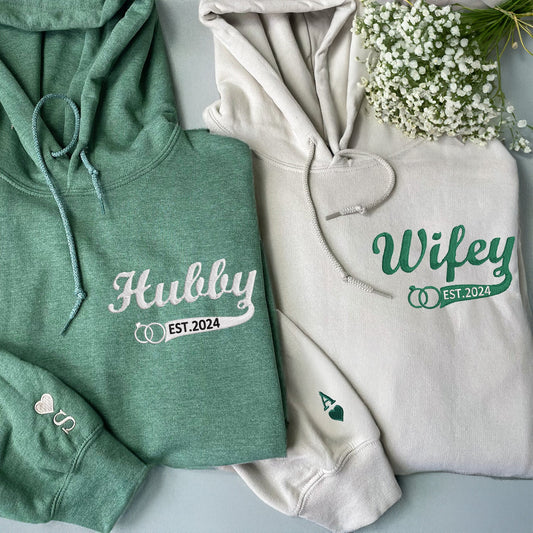 Custom Couple Matching Hubby and Wifey Embroidered Hoodie