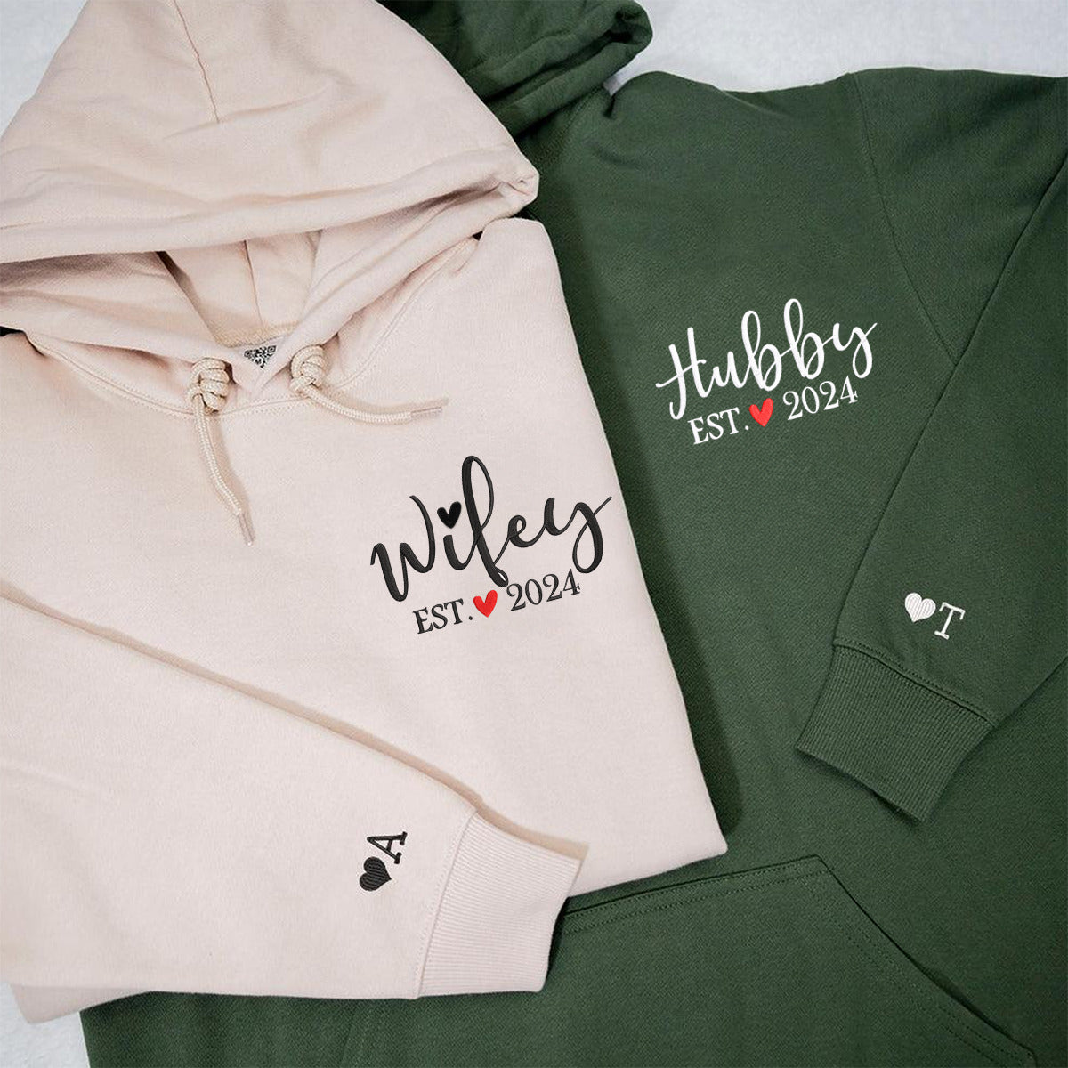 Custom Couple Matching Hubby and Wifey Embroidered Hoodie