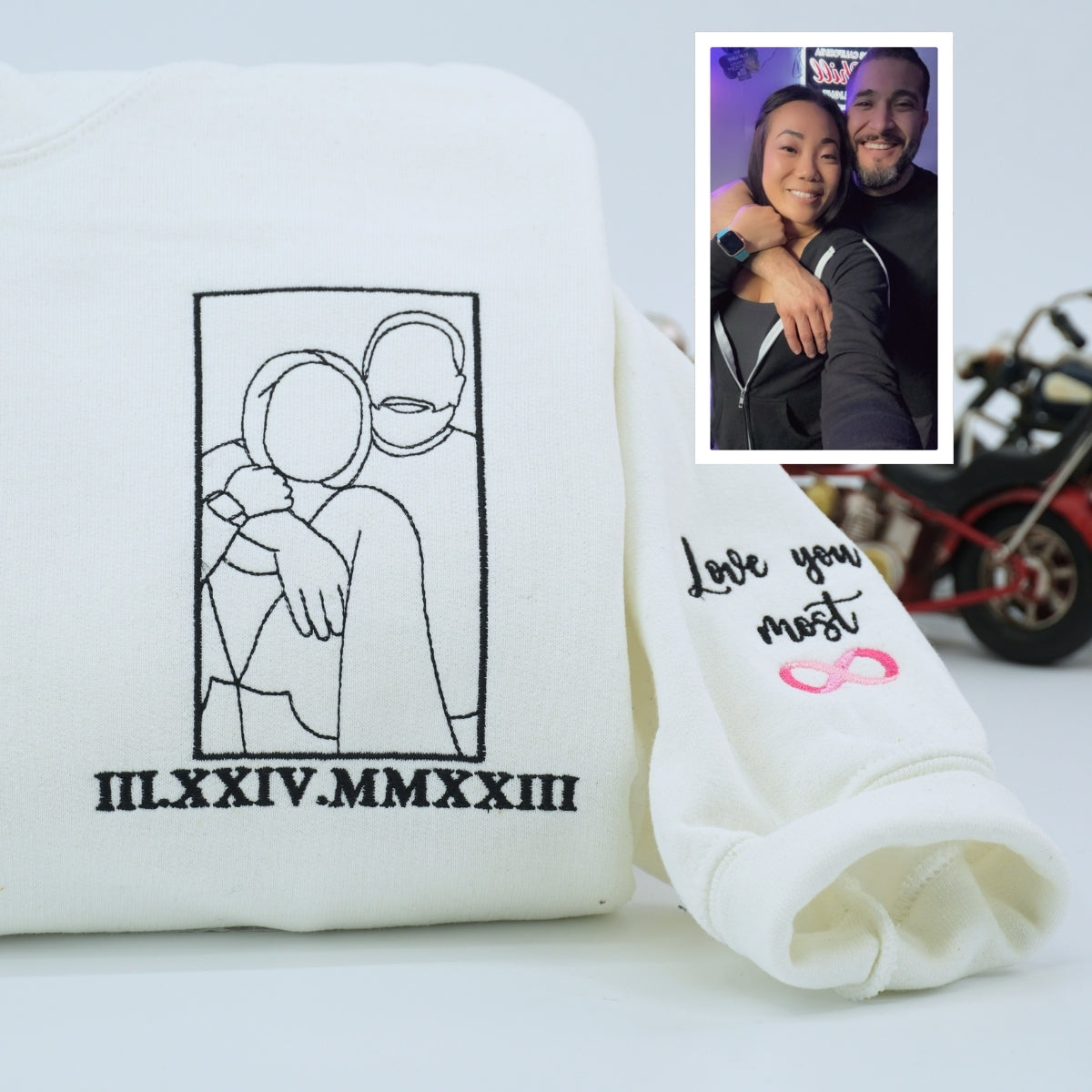 Wedding Photo Line Art Hoodies - Custom Embroidered Couple Portrait - Newlywed Anniversary Gift