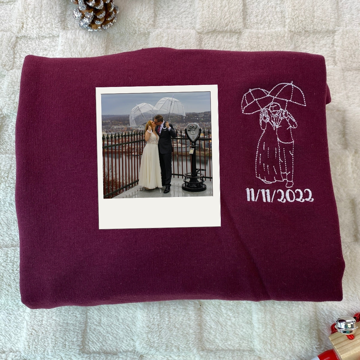 Wedding Photo Line Art Hoodies - Custom Embroidered Couple Portrait - Newlywed Anniversary Gift