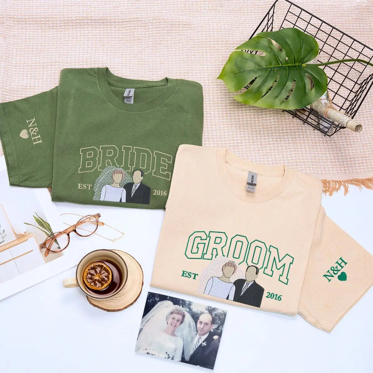 Personalized Bride and Groom Shirts with Embroidered Portrait from Photo, Wedding Gifts for Couples