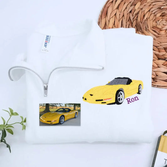 Custom Car Portrait from Photo Quarter Zip Sweatshirt, Embroidered Gift for Car Lovers, Boyfriend, Husband