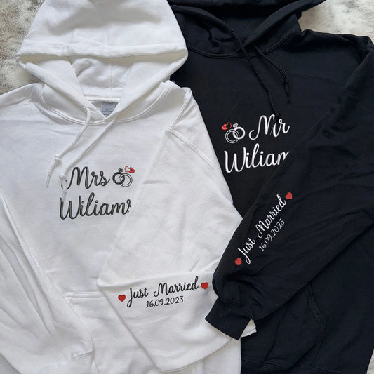 Embroidered Mr & Mrs Hoodies or Sweatshirts with Custom on Sleeve